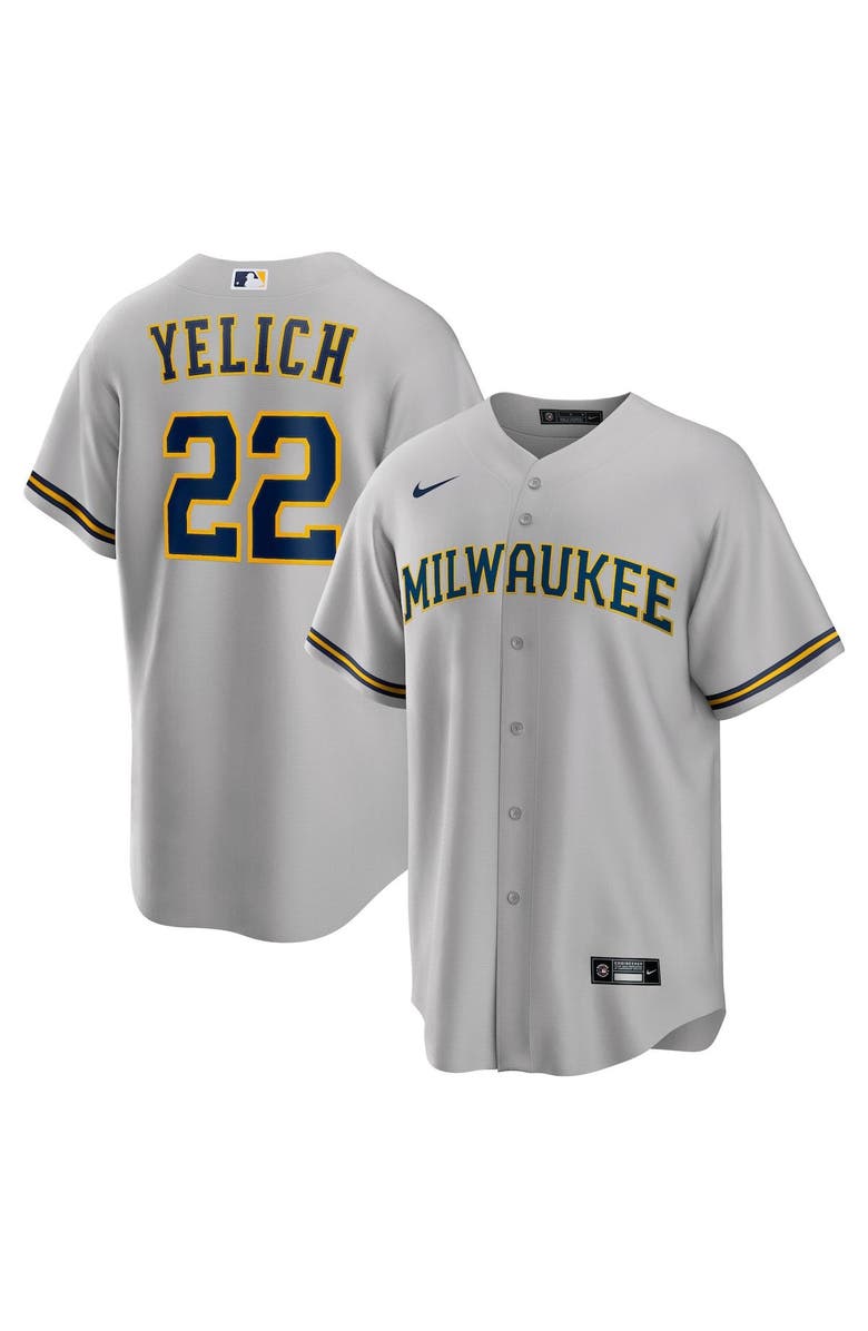 Nike Men's Nike Christian Yelich Gray Milwaukee Brewers Alternate Replica Player Jersey, Main, color, 