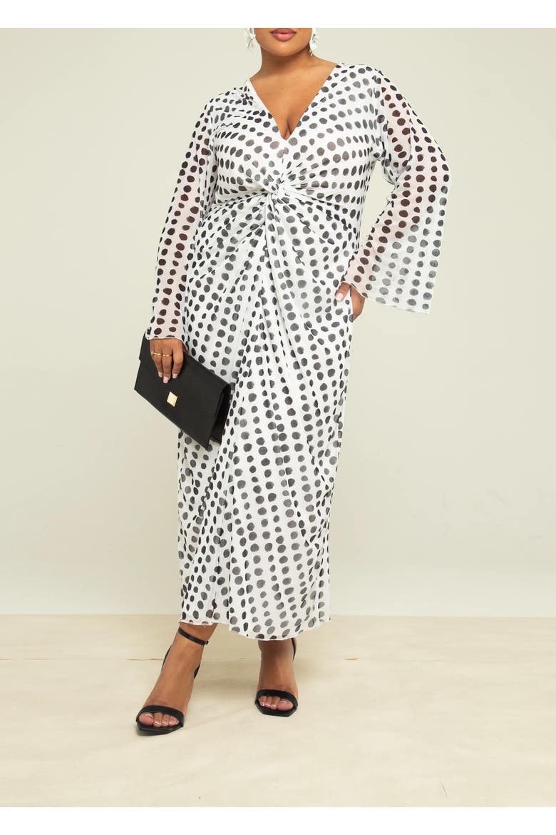 Long Sleeve V-Neck Polka Dot Midi Dress, Alternate, color, White