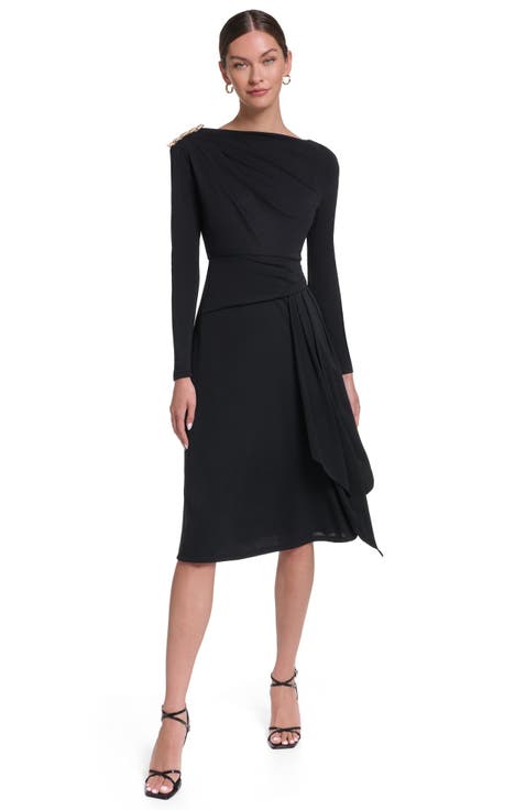 Long Sleeve Draped Jersey Dress with Hardware