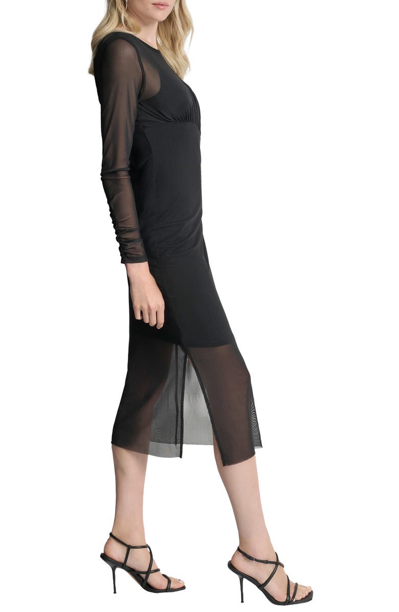 DKNY Long Sleeve Asymmetric Waist Mesh Dress, Alternate, color, Black