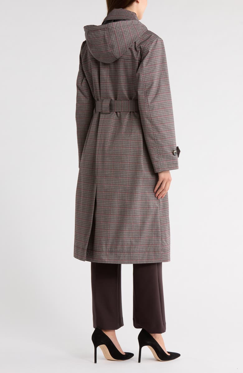 Bernardo Plaid Belted Hooded Long Raincoat, Alternate, color, Brown Plaid