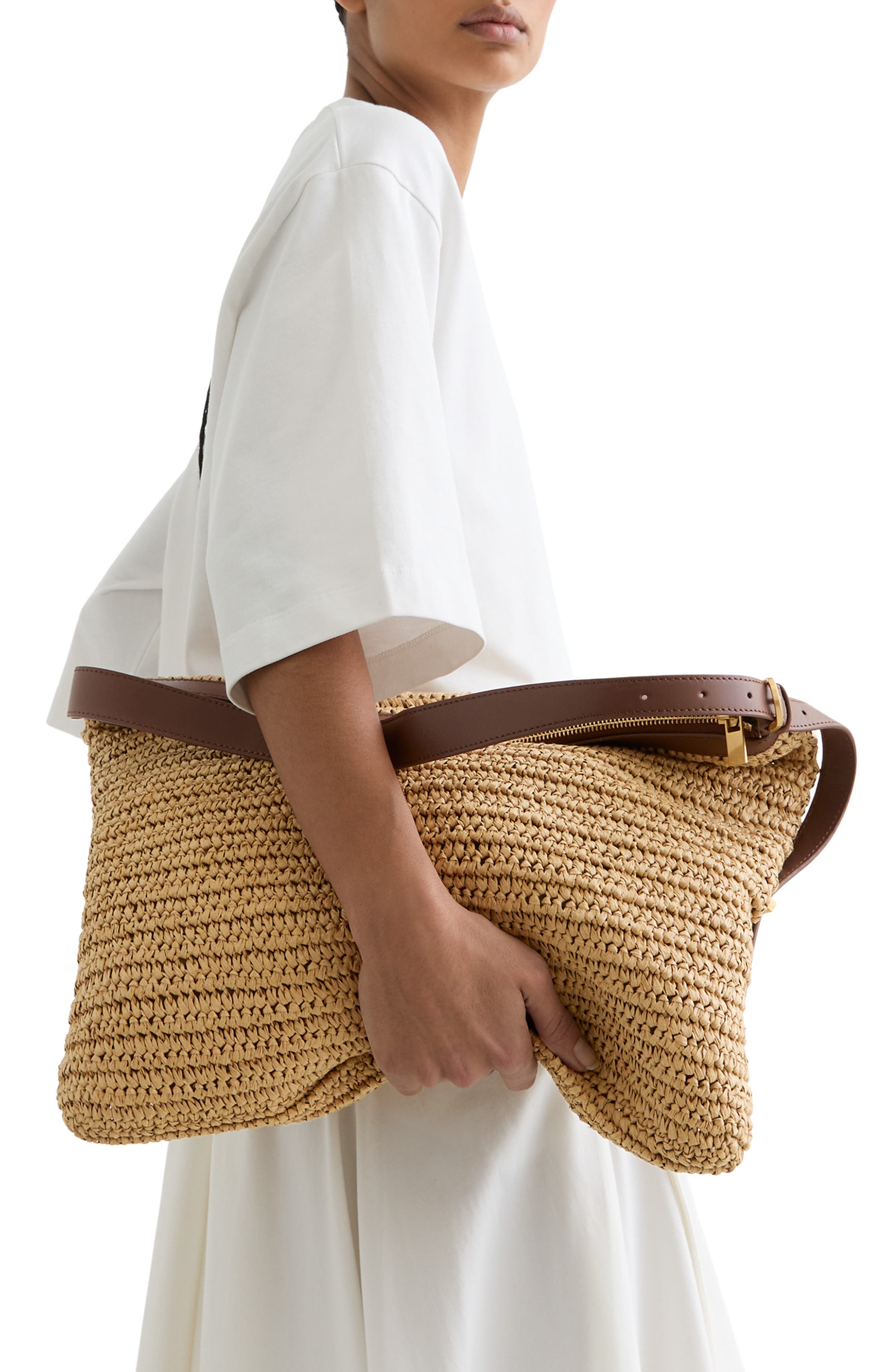 Reiss Vigo Raffia Shoulder Bag, Alternate, color, Natural