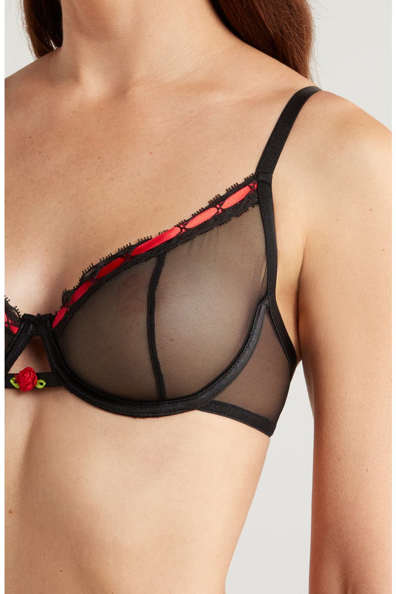 Lace Trim Mesh Underwire Bra, G-String & Garter Belt Set, Alternate, color, BLACK
