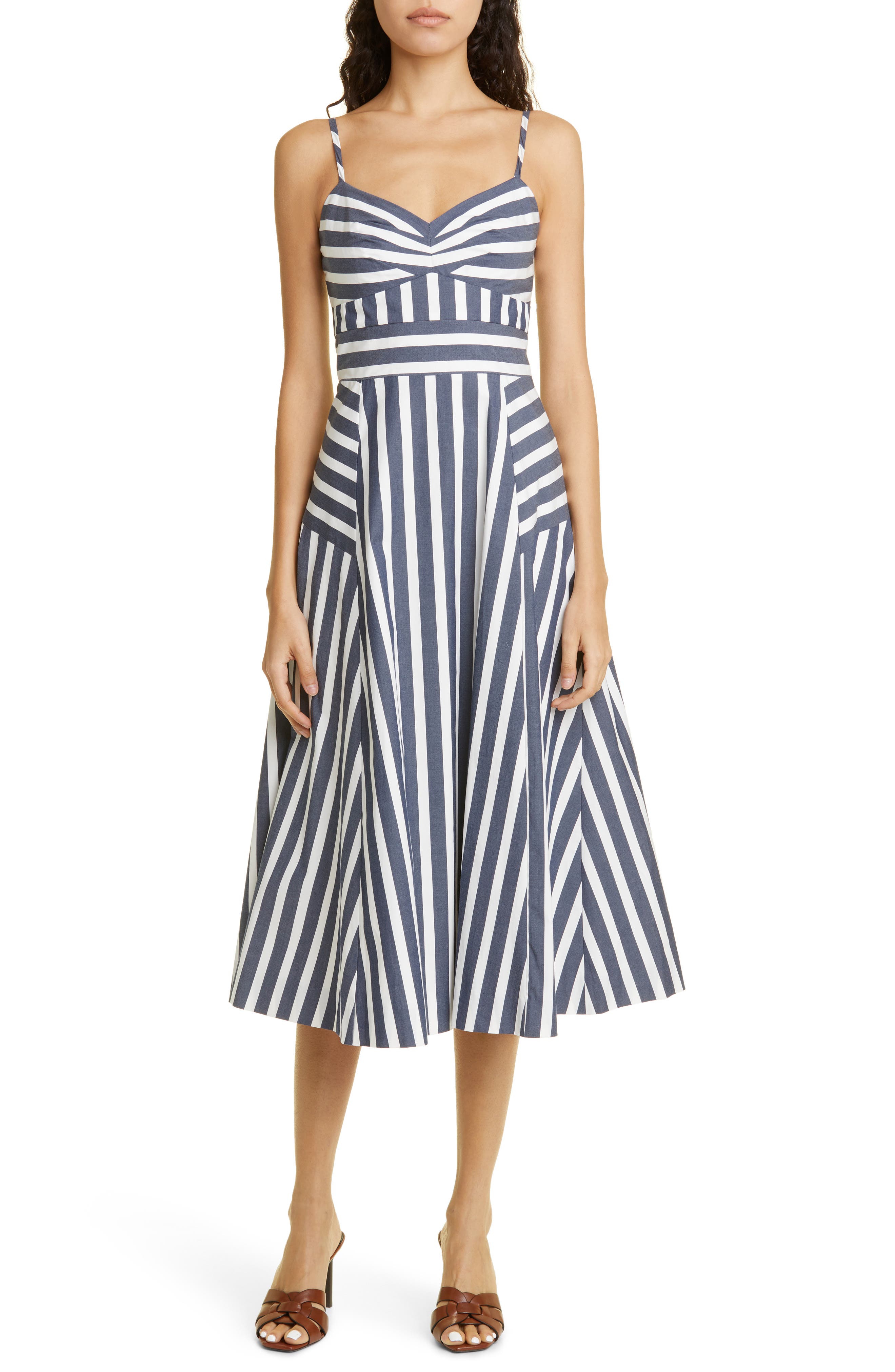 veronica beard blige stripe a line midi dress Directional Stretch Cotton (Women) tie straps baby doll dress Hot style: T-shirt under Colour:POWDER BLUE