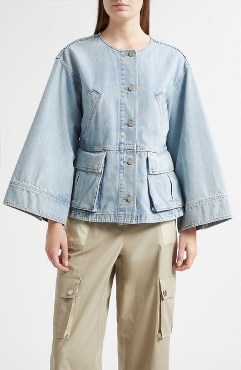 Collarless Trapeze Denim Jacket