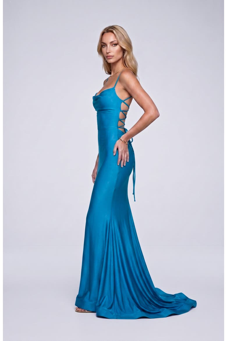 Cowl Neck Lace-Up Open Back Mermaid Gown, Alternate, color, Turquoise