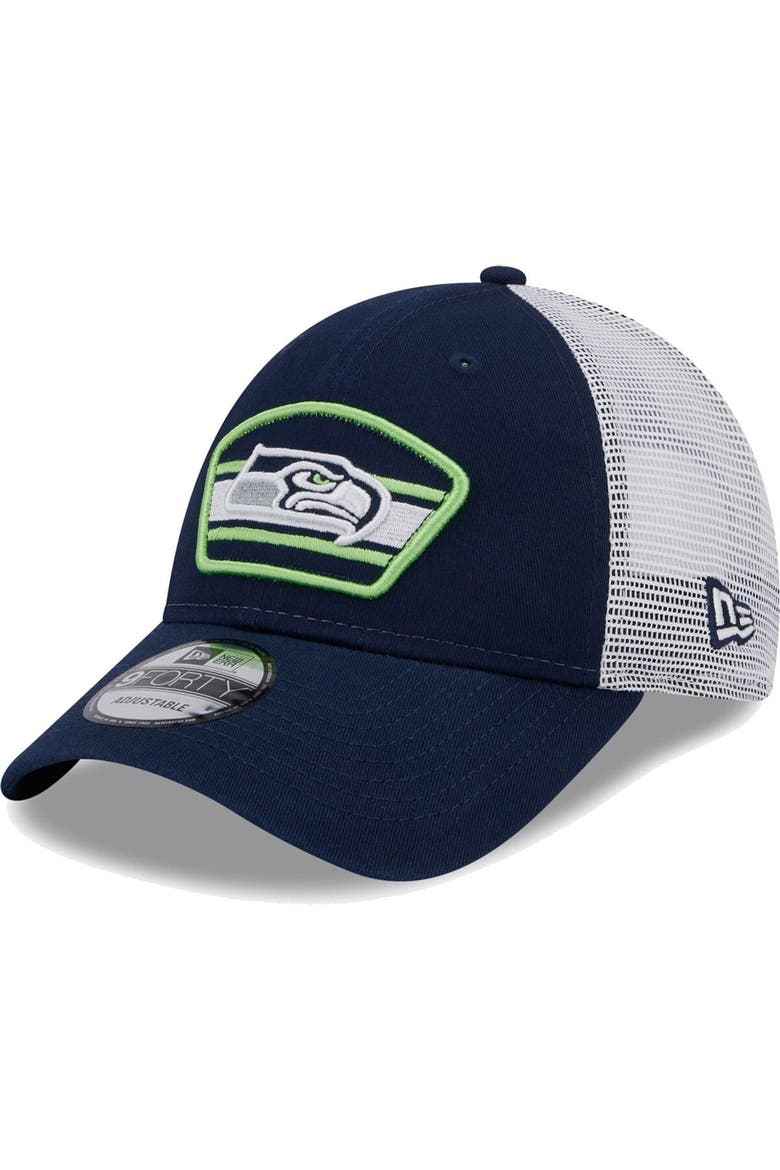 Men's New Era College Navy/White Seattle Seahawks Logo Patch Trucker 9FORTY Snapback Hat, Main, color, Navy