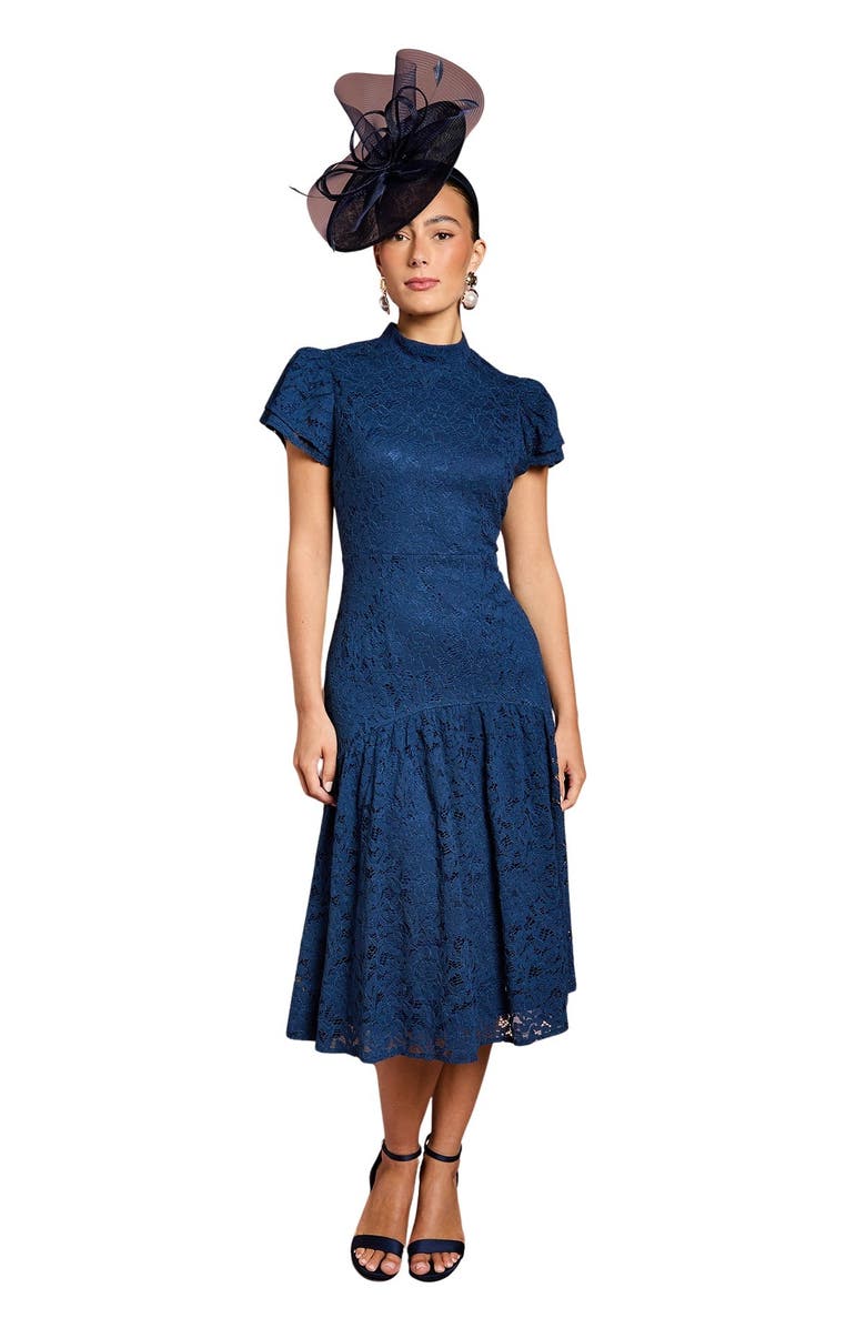 Coast Lace Frill Sleeve High Neck Midi Dress, Main, color, Navy