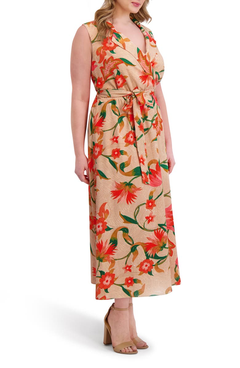 Kensie Tie Waist Textured Midi Dress, Alternate, color, Beige Multi