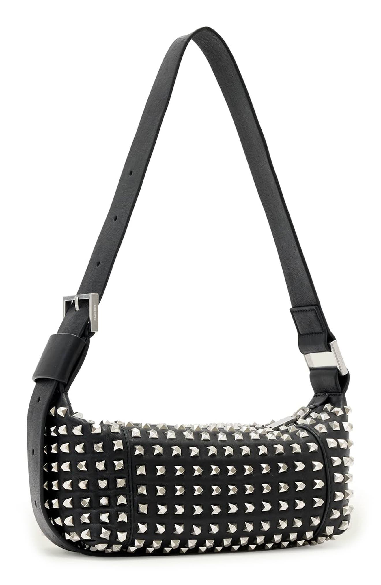 AllSaints Mini Vega Studded Leather Shoulder Bag, Alternate, color, Black