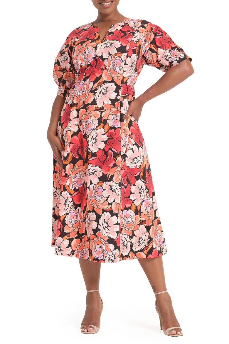Colette Puff Sleeve Midi Dress, Main, color, ROSEWOOD