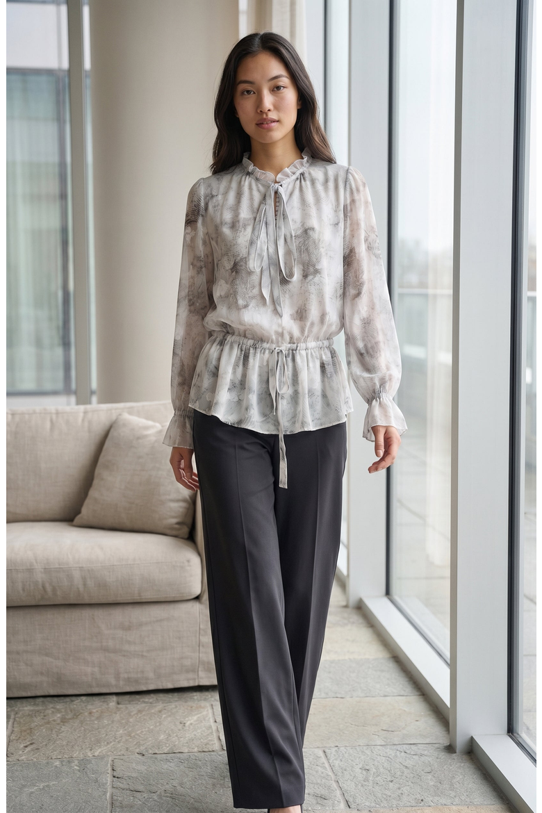 Sheer Printed Ruffle Neck Blouse, Alternate, color, White