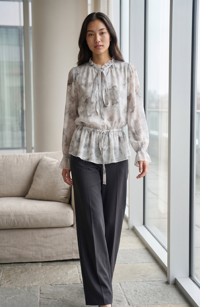 Modenaire Sheer Printed Ruffle Neck Blouse, Alternate, color, White