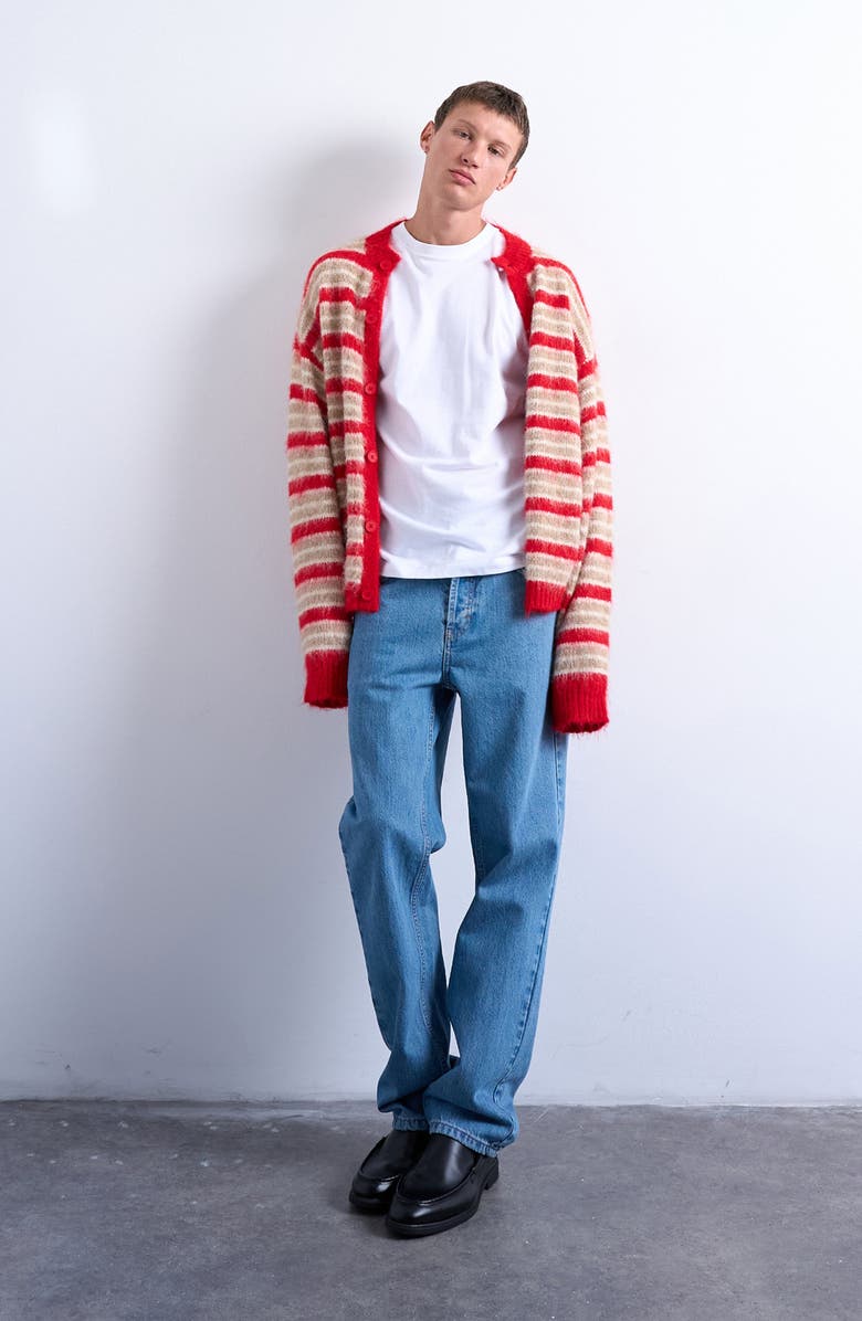 Topman Fluffy Stripe Crewneck Cardigan, Alternate, color, Red