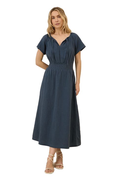 Organic Cotton Coastal Double Gauze Boho Midi Dress