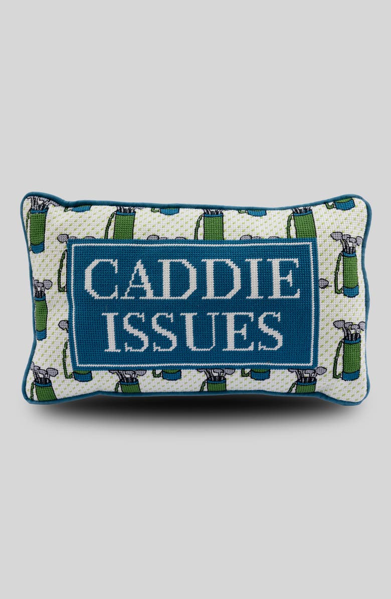 Furbish Caddie Issues Needlepoint Pillow, Main, color, Caddie Issues