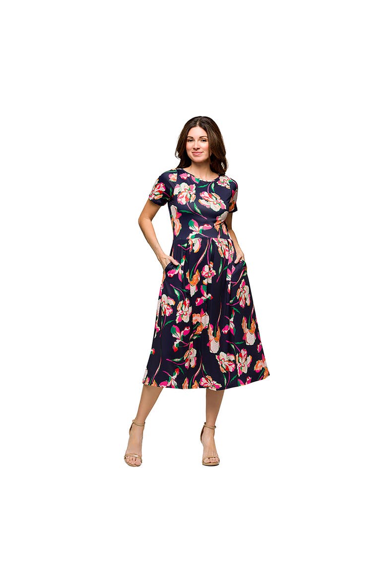 Maternity Navy Floral Short Sleeve Pleated Flare Midi Pocket Dress, Main, color, Blue Multi