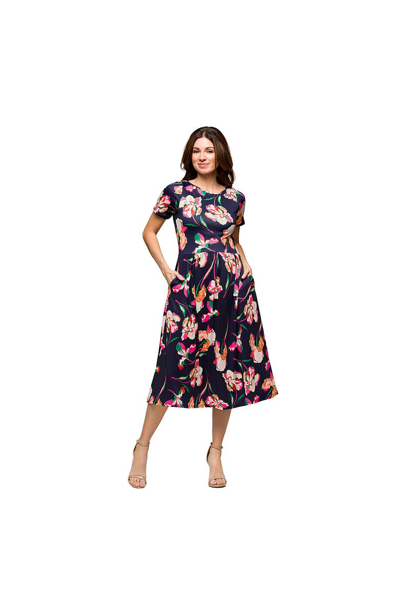 24seven Comfort Apparel Maternity Navy Floral Short Sleeve Pleated Flare Midi Pocket Dress, Main, color, Blue Multi
