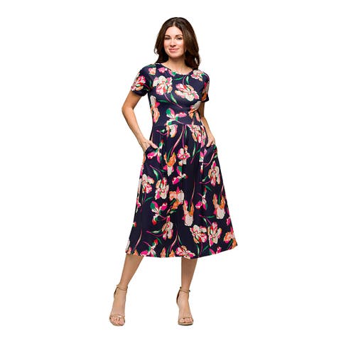 Maternity Navy Floral Short Sleeve Pleated Flare Midi Pocket Dress