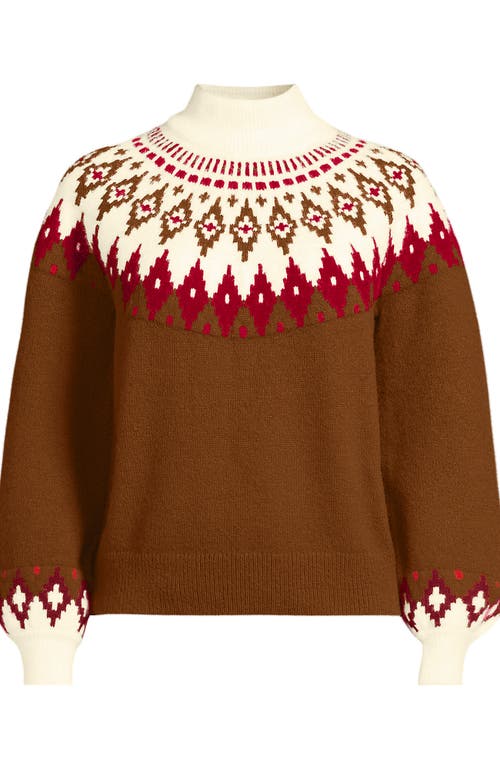 Lands' End Fuzzy Turtleneck Lantern Sleeve Jacquard Sweater In Brown