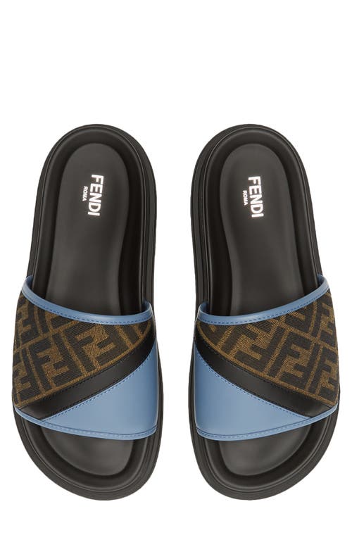 Fendi Brown Ff Jacquard And Light Blue Leather Slides In F1rta Cerul/nero/tabac.ner