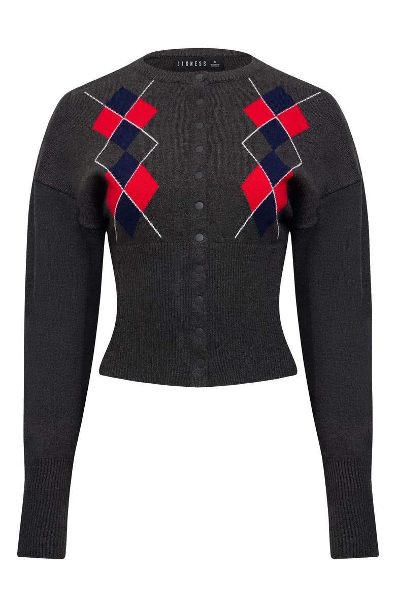 LIONESS Head in the Clouds Argyle Cardigan, Alternate, color, Grey Argyle