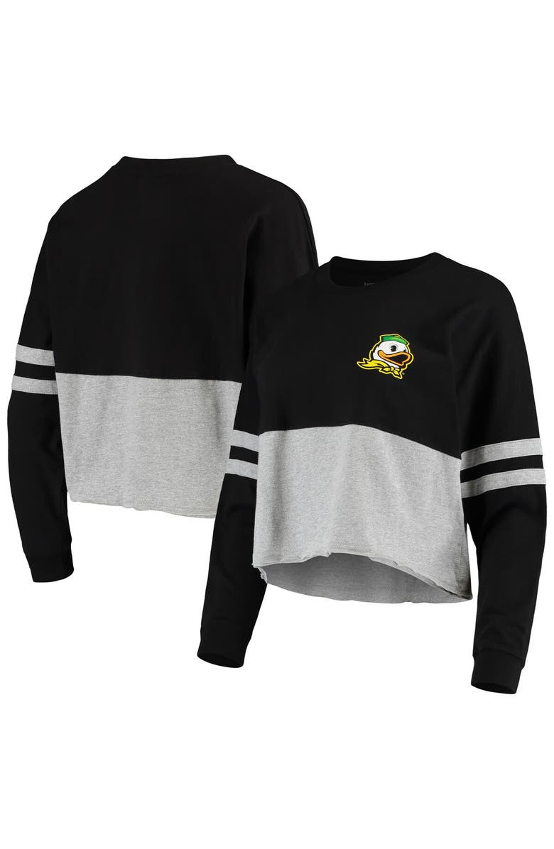 BOXERCRAFT Women's Black/Heathered Gray Oregon Ducks Cropped Retro Jersey Long Sleeve T-Shirt, Alternate, color, 