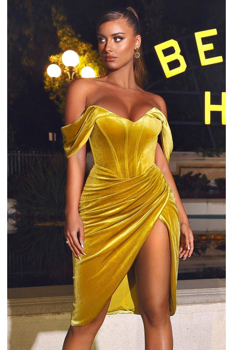 Omaria Velvet Off Shoulder Corset Dress, Alternate, color, Gold