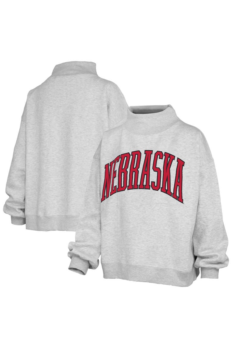 Women's Pressbox Ash Nebraska Huskers Oversized Nelson Mock Neck Sweatshirt, Main, color, Ash