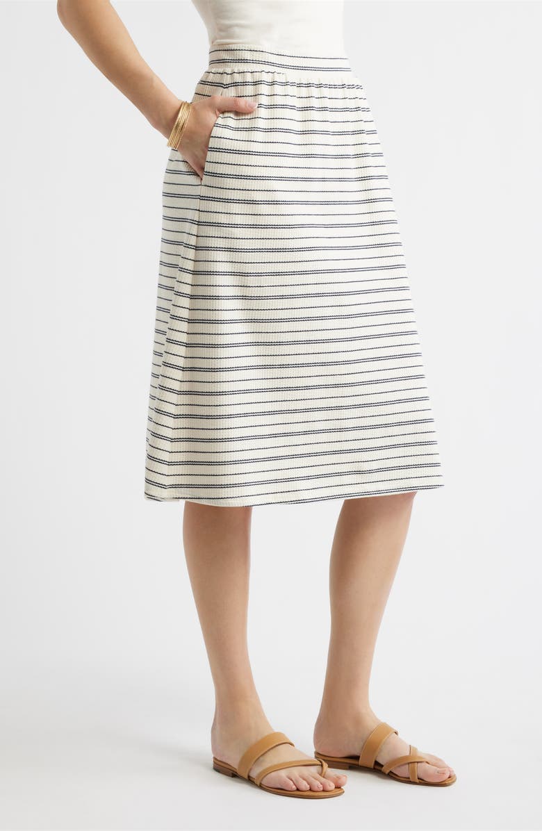Caslon<sup>®</sup> Stripe Cotton Blend Knit A-Line Midi Skirt, Alternate, color, Ivory- Navy Stripe