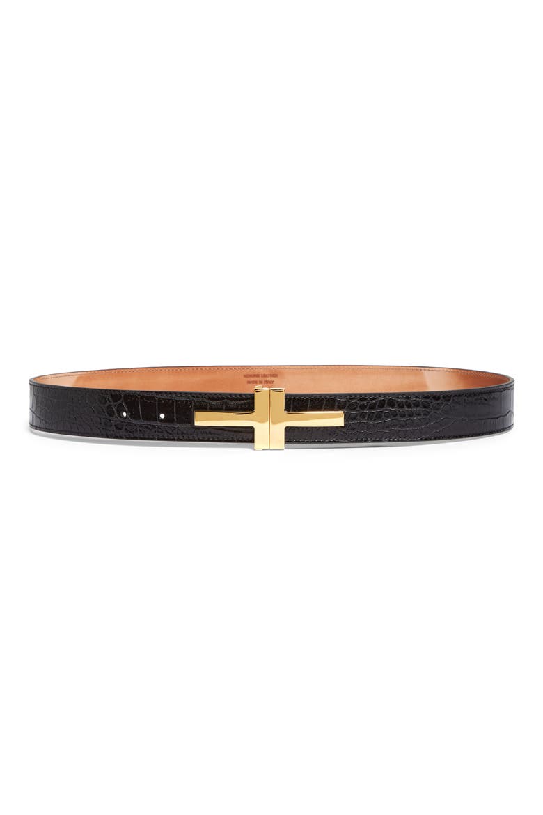 Double T Croc Embossed Calfskin Leather Belt, Main, color, BLACK