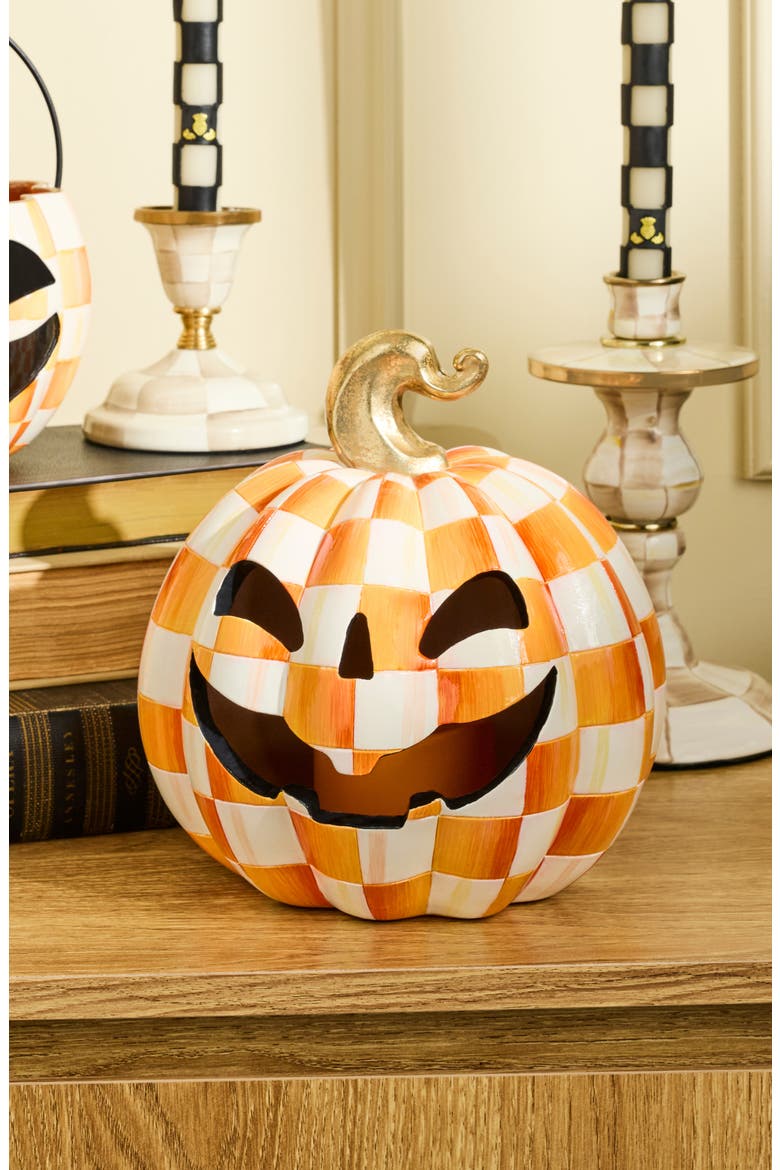 Small Orange Checked Illuminated Pumpkin, Alternate, color, ORANGE