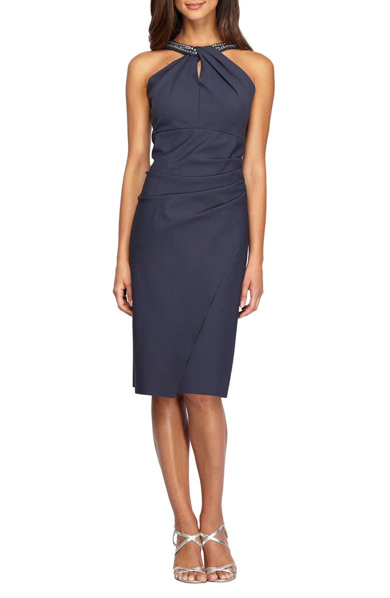 Alex Evenings Contour Collection Halter Embellished Cocktail Dress, Main, color, Charcoal