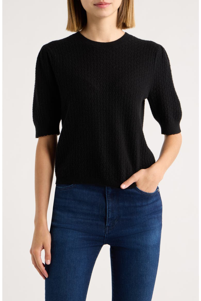 The Gathered Honeycomb Cashmere Sweater, Main, color, BLACK
