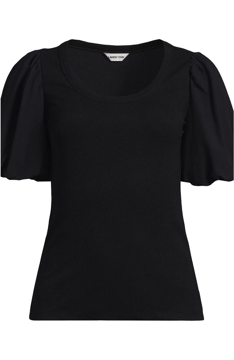 Lands' End Drapey Rib Puff Sleeve Scoop Neck Top, Alternate, color, Black