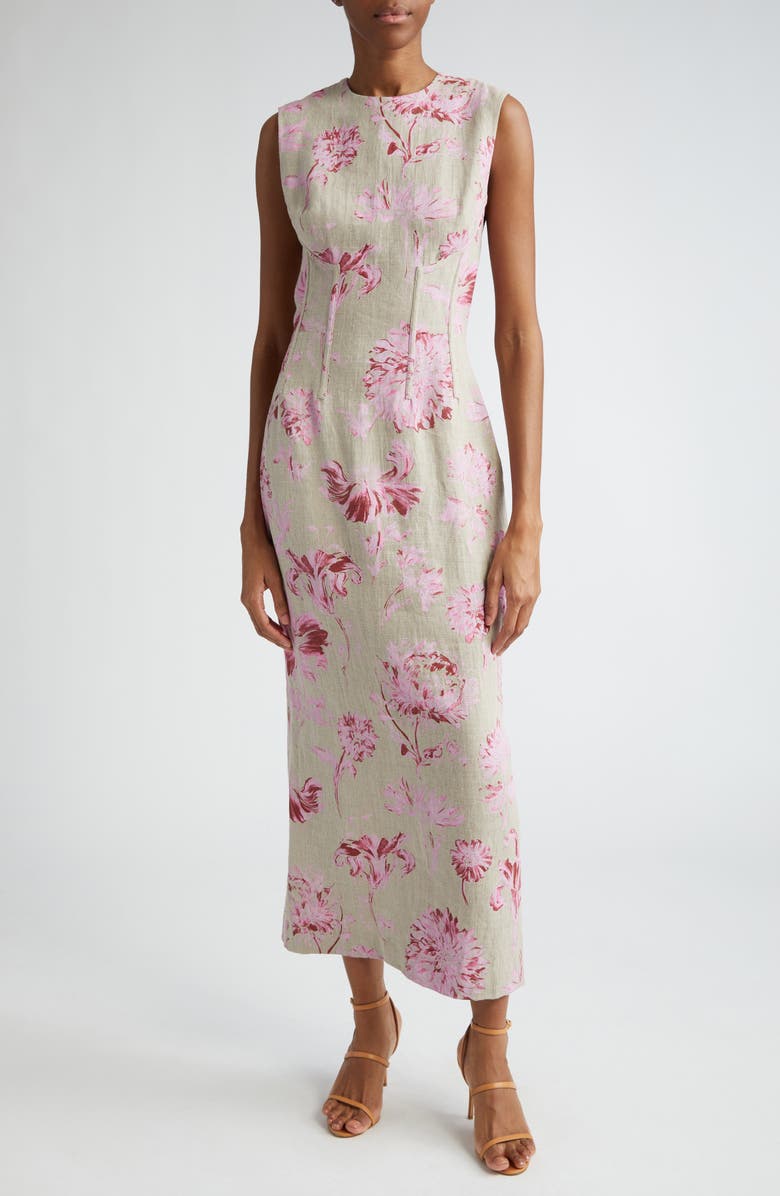 Lela Rose Pressed Flower Print Linen Column Dress, Main, color, 