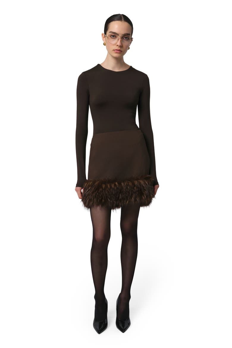 Meadow Stretch Crepe Miniskirt with Faux Fur Trim, Alternate, color, DARK BROWN / DARK BROWN