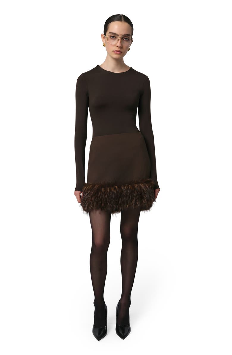 Apparis Meadow Stretch Crepe Miniskirt with Faux Fur Trim, Alternate, color, Dark Brown / Dark Brown