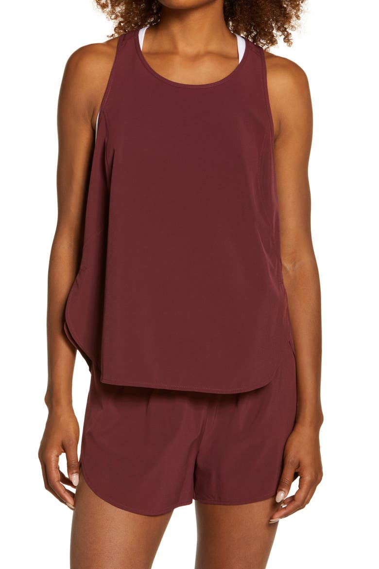 Run In Reflective Stretch Woven Tank, Main, color, BURGUNDY LONDON
