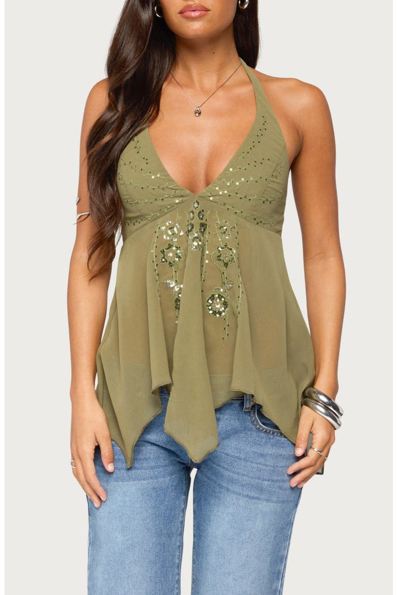 Bodie Sequin Chiffon Handkerchief Top, Main, color, OLIVE