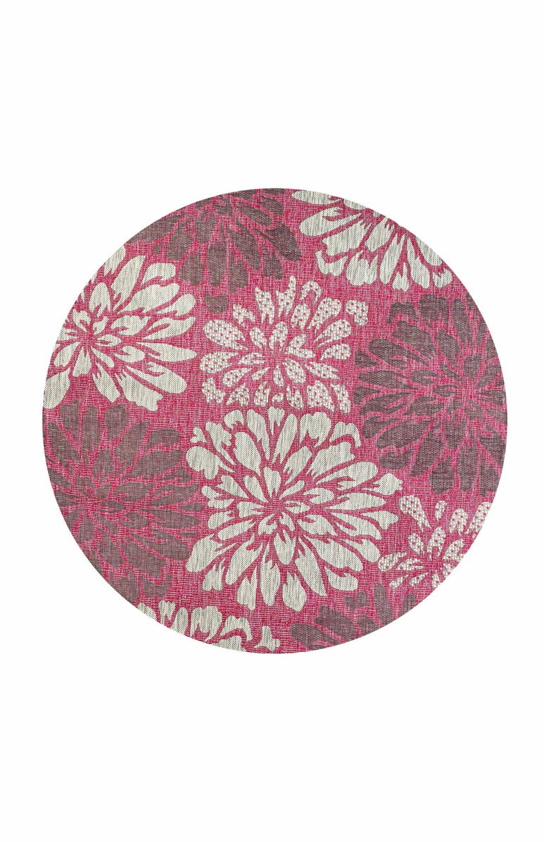 JONATHAN Y Zinnia Modern Floral Textured Weave Indoor/Outdoor Round Area Rug, Main, color, Fuchsia/Light Gray