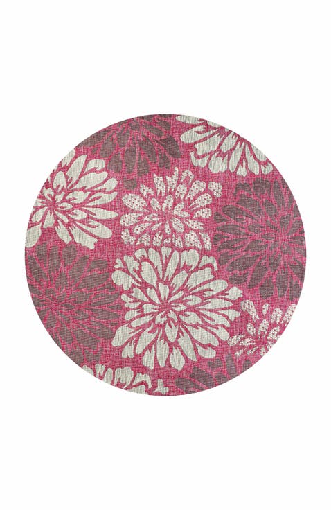 Zinnia Modern Floral Textured Weave Indoor/Outdoor Round Area Rug
