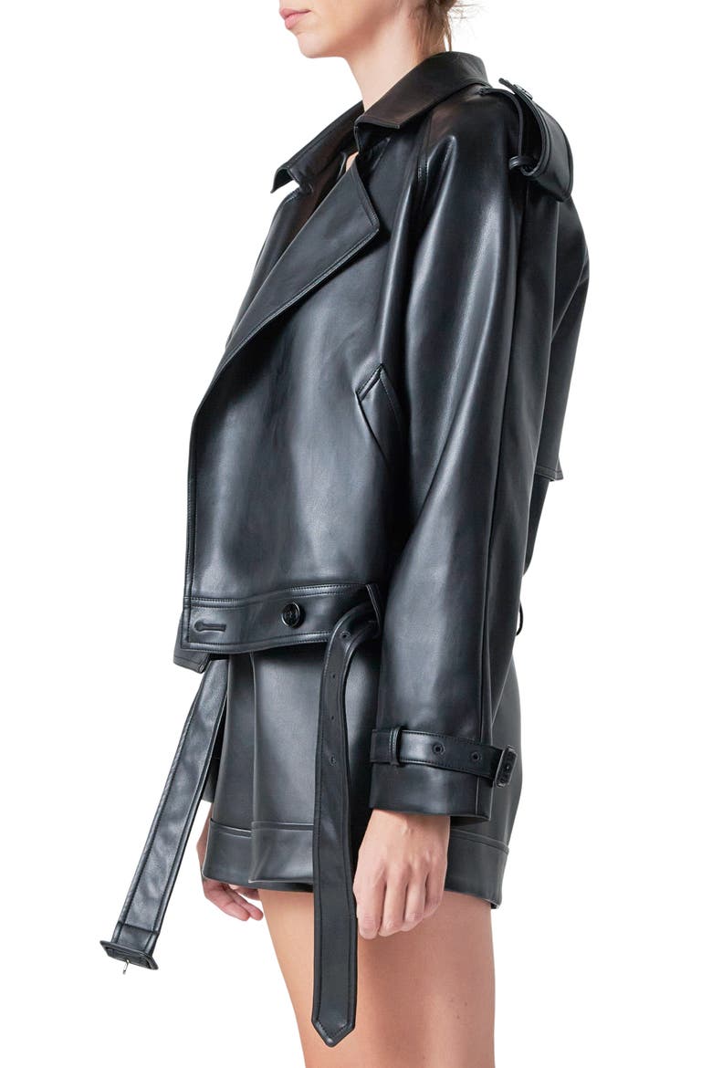 Faux Leather Trench Jacket, Alternate, color, BLACK