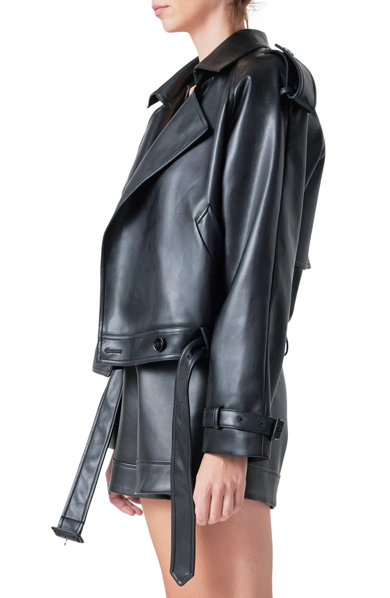 Grey Lab Faux Leather Trench Jacket, Alternate, color, Black