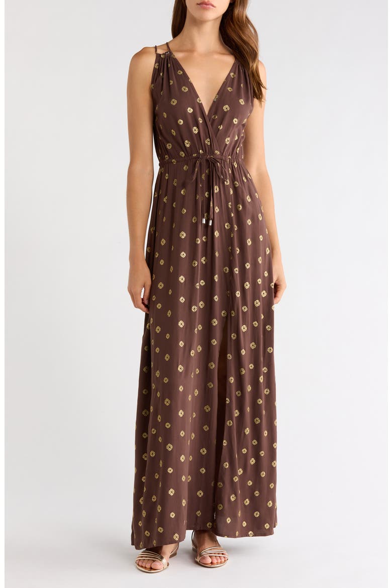 V-Neck Maxi Cover-Up Dress, Main, color, BROWN POLKA