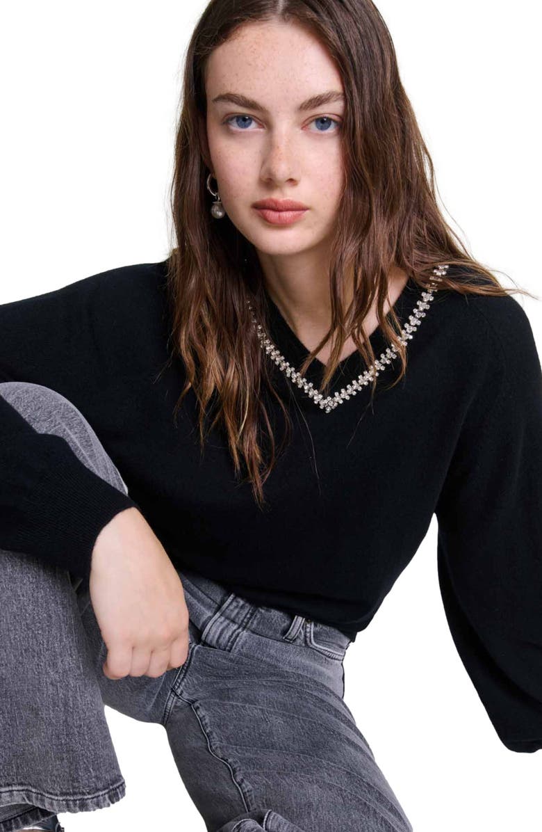 maje Knit sweater with rhinestone neck, Alternate, color, 