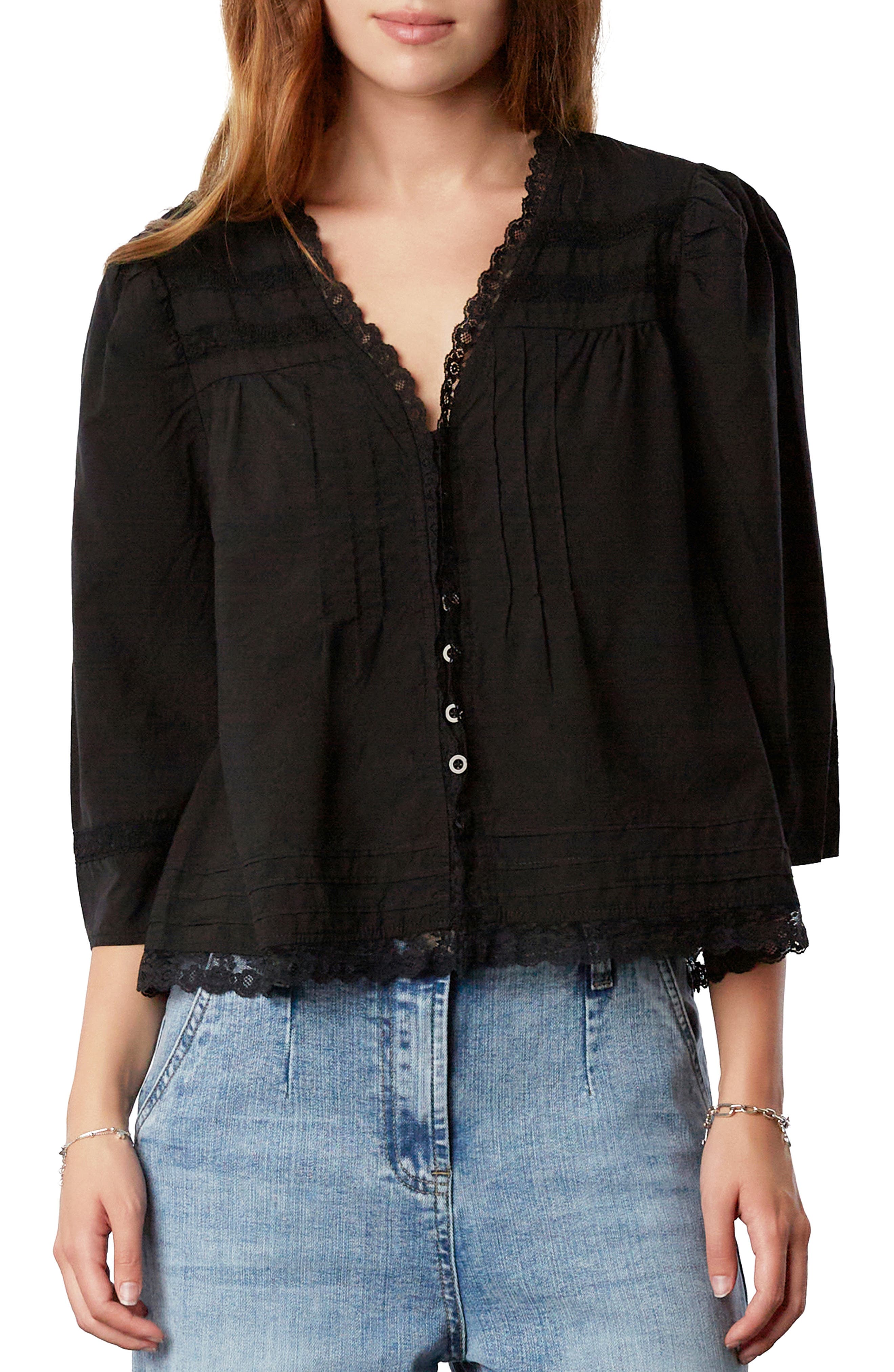 Billy T Fable Floral Lace Trim Cotton Blend Button-up Shirt In Black Beauty