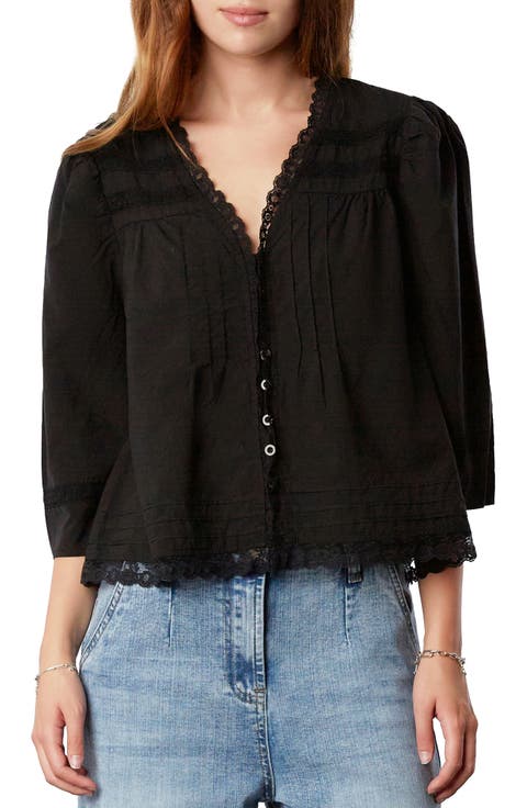 Fable Floral Lace Trim Cotton Blend Button-Up Shirt