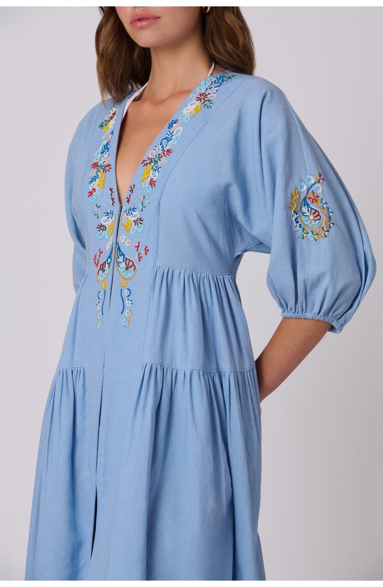 Shoshanna Embroidered Linen Evora Midi Coverup, Alternate, color, Blue