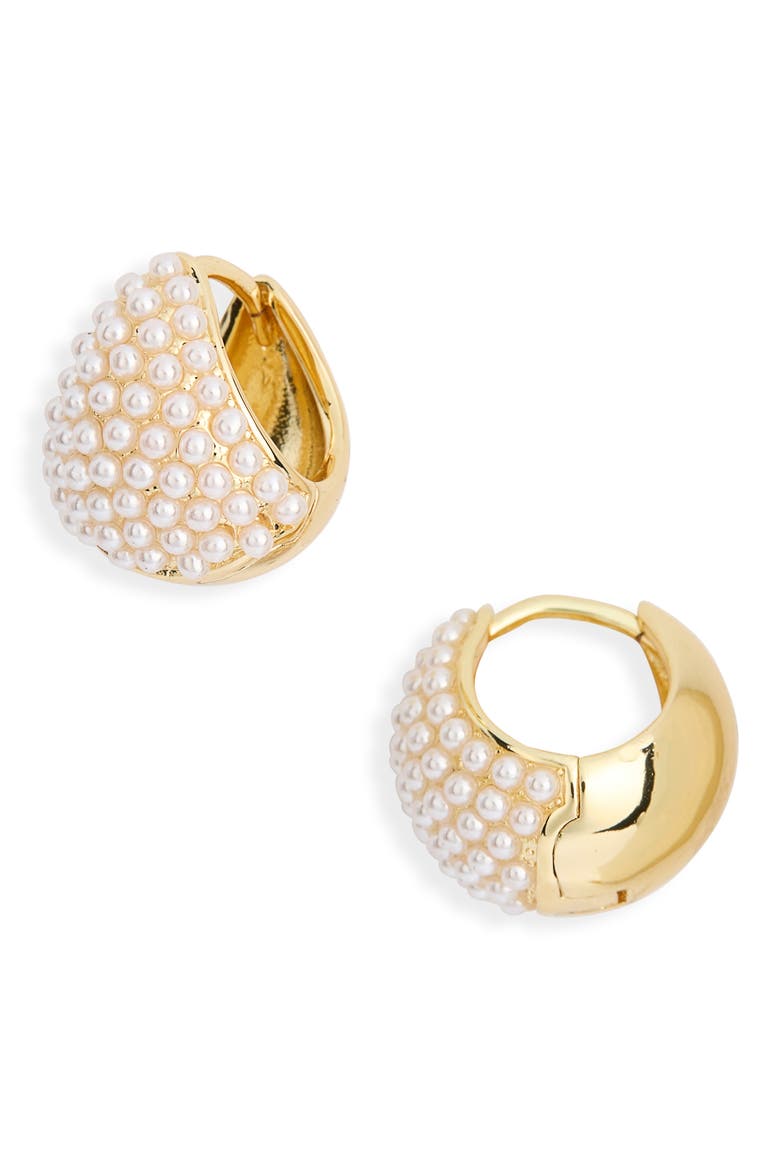 Demi Fine Faux Pearl Huggie Hoop Earrings, Main, color, WHITE- GOLD